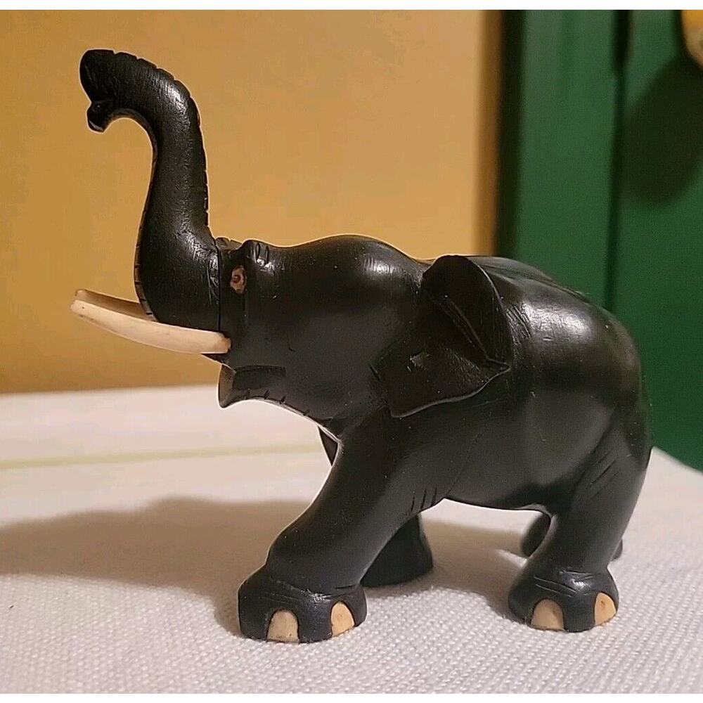 VINTAGE CARVED EBONY WOOD ELEPHANT SCULPTURE AFRICA Missing 2 Toenails.